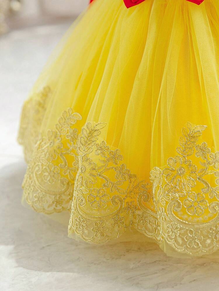 Glamorique Kids Vestido de princesa para niñas, vestido de princesa amarillo, manga abullonada, falda de tul esponjosa amarilla, vestido formal para fiesta de cumpleaños, boda, fiesta, con lazo, encaje, cinta, vestido formal elegante, encaje dorado soluble en agua, capa roja, Oriente Medio, Europa y América - Amarillo - Añade 5