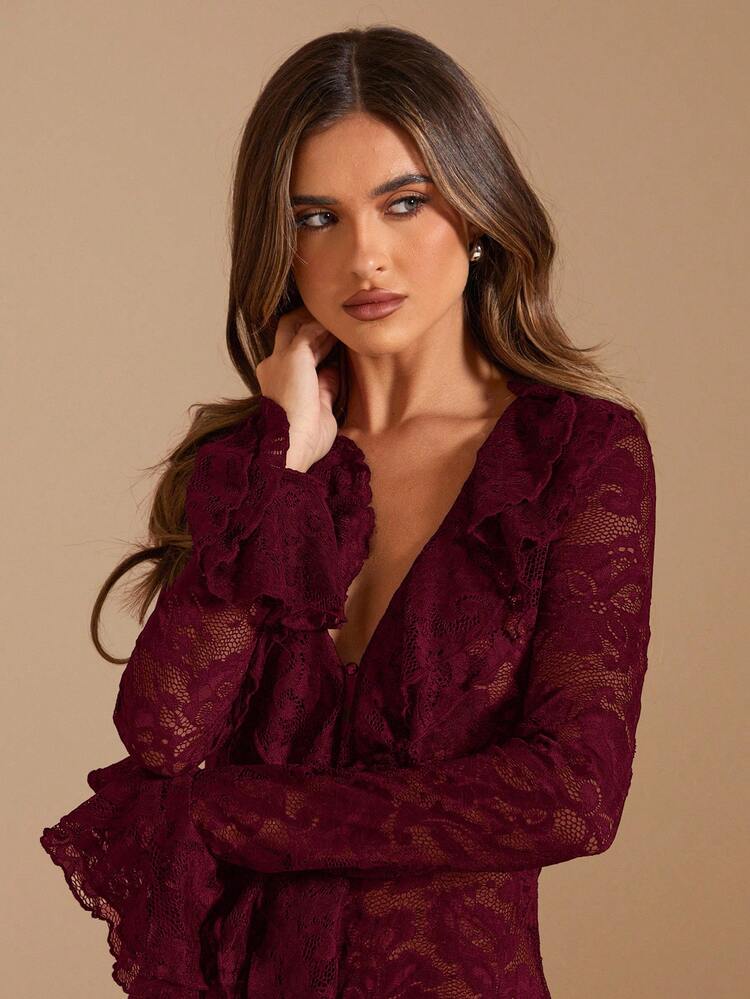 SHEIN BAE فستان أنيق طويل الأكمام بياقة عميقة على شكل V مع كشكشة، أبيض سادة، أنيق وبسيط، مناسب لفصل الصيف والربيع المبكر، فستان للعطلات، حفلات الزفاف، حفلات الخطوبة، المناسبات الرومانسية، عيد الحب، الحفلات، الاستخدام اليومي، عيد الميلاد - عنابي اللون - مشاهدة 7