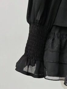 Sunspun Áo crop top tay dài màu xanh navy tối giản, thanh lịch, cổ chữ V cài nút phía trước, ôm sát eo, cổ chữ V khoét sâu, cỡ lớn, giúp thon gọn - màu đen - Xem 4