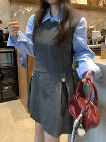 DAZY 女士纯色韩版休闲中长款羊毛连衣裙 - 灰色 - 查看 3