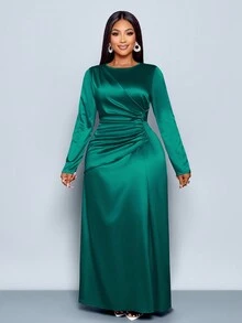 SOLERSUN 女士优雅纯色褶边缎面紧身连衣裙，适合约会派对长款女装 - 墨綠色 - 查看 6