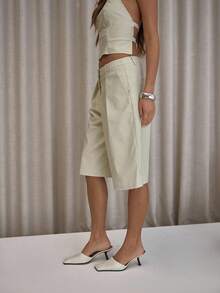 MUSERA 褶裥直筒修身长款短裤，优雅性感街头风，适合夜间派对、情人节、春季休闲夏季穿着。 - 卡其色 - 查看 4