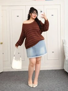 CovetEZ Plus Size Casual Striped Raglan Long Sleeve Plus Size Sweater, Autumn/Winter Fall - Brown - View 3