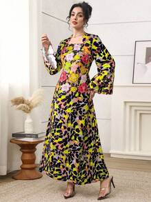 Al Najma 女式花卉豹纹喇叭袖优雅阿拉伯风格连衣裙 - 彩色 - 查看 5