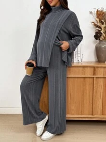SHEIN 2 件孕妇秋季罗纹高领落肩上衣和可调节腰部裤子休闲套装 Co Ords 套装女士两件套女士舒适 2 件套休闲套装女士感恩节 Ghostface 孕妇装两件套装舒适两件套灰色 - 深灰色 - 查看 5