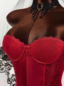 Y2K Amplova Red Halloween Corpse Bride Pure Off-The-Shoulder Lace Panel Corset Women Midi Dresses Vampire Dress Slay Diva Dress Red Corset Dress, Built-In Bra