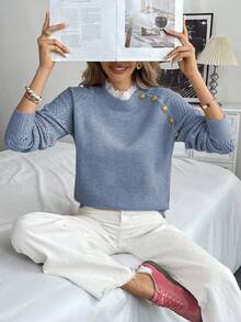 SHEIN PariChic 全新花卉装饰圆领宽松休闲女式毛衣 - 藍色 - 查看 4