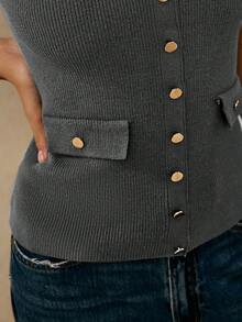 Poéselle 女式纯色圆领无袖前扣修身针织背心 - 灰色 - 查看 4