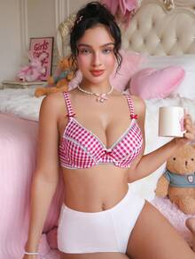 PetitDoll 1 件女士格子钢圈文胸，甜美蕾丝边，舒适支撑文胸 - 紅白色 - 查看 4