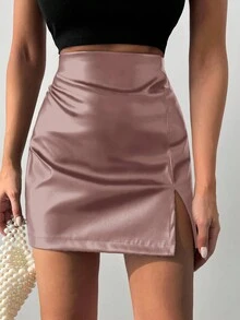 EURMUSE Women's Solid Color Minimalist Elegant Short Skirt, Everyday Wear - Rusty Rose - View 5