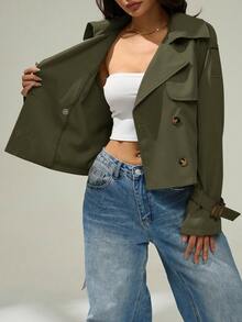 SHEIN PETITE Beige Button-Down Drawstring Trench Coat Women's In Fall/Winter