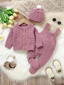 SHEIN Vintaside Kids 3 件套新生儿针织服装套装 - 舒适简约圆领长袖开衫，搭配围兜和可爱帽子 - 粉色 - 查看 5