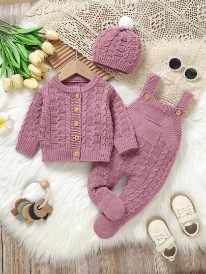 SHEIN Vintaside Kids 3 件套新生儿针织服装套装 - 舒适简约圆领长袖开衫，搭配围兜和可爱帽子