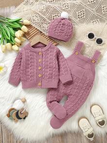SHEIN Vintaside Kids 3 件套新生儿针织服装套装 - 舒适简约圆领长袖开衫，搭配围兜和可爱帽子 - 粉色 - 查看 7