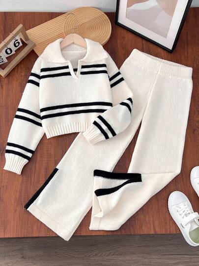 Sparklyn 青少年女孩休闲 V 领条纹宽松针织毛衣和直筒阔腿裤，侧开衩时尚针织 2 件套，适合外出、聚会、日常穿着、秋冬