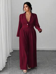 Elenzga Bộ áo khoác blazer công sở tối giản thanh lịch cỡ lớn dành cho nữ và bộ jumpsuit ống rộng không tay thắt eo, màu đỏ tía - Màu Đỏ Sâu - Xem 7