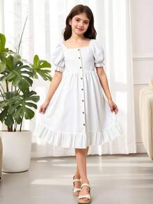 SHEIN Tween Girl Sweet Fashion Solid Ruffle Button Square Collar Puff Sleeve Dress, Suitable For Summer Party & Vacation - White - View 6