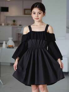 Tween Girl Cold Shoulder Ruffle Trim Dress