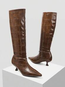 MOTF 鳄鱼压纹高筒靴，女士及膝细高跟马靴 - 駝色 - 查看 9