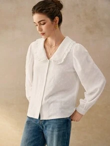 INAWLY 女式标准尺码纯色彼得潘领插肩袖纹理面料休闲衬衫 - 白色 - 查看 1