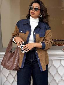 Easura Áo khoác tay dài ấm áp chắp vá cỡ lớn - màu nâu - Xem 6