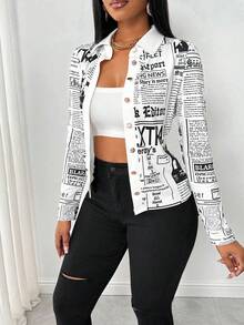 Zolique Áo sơ mi nữ tay dài đơn hàng khuy in khẩu hiệu mùa thu, áo dài tay - trắng - Xem 5