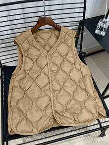 Linhara Áo vest cổ chữ V siêu nhẹ, thời trang tối giản, cỡ lớn, phù hợp cho mùa thu đông, có túi - Màu Khaki - Xem 3