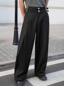 Claim Dot 男士黑色双腰带设计休闲直筒裤男士正装裤男士百褶裤男士阔腿裤男士高腰裤宽松裤，适合秋季，复古风 - 黑色 - 查看 3