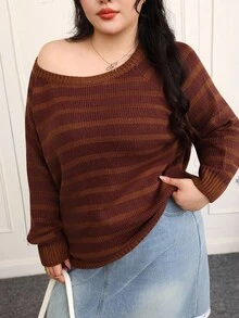 CovetEZ Plus Size Casual Striped Raglan Long Sleeve Plus Size Sweater, Autumn/Winter Fall - Brown - View 5