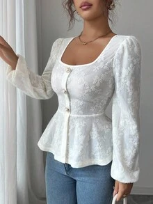 Selianne Elegant French Style Beige Embossed Jacquard Blouse With Romantic Puff Sleeves, Fitted Waist And A-Line Hem, Fashionable And Charming Design For Back To School Season, Spring/Autumn - Apricot - View 6