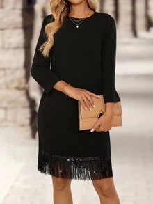 EMERY ROSE Damen Einfarbiges Rundhals Langarm Kleid mit Fransen Saum, lässige Mode Mini Kleid