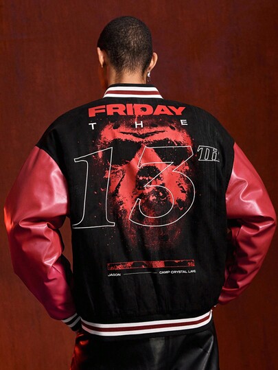 Friday the 13th X ROMWE Veste de baseball à manches longues pour hommes avec lettres et masque, en blocs de couleurs