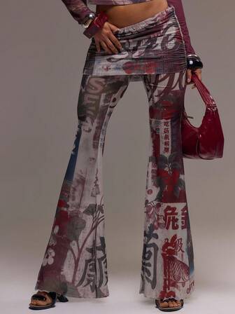 GloRilla x MUSERA Skirt Overlay Mesh Printed Fitted Flare Trousers Cool Girl, Fall, Going Out, Sexy Women Winter Christmas Party Elegant New Year