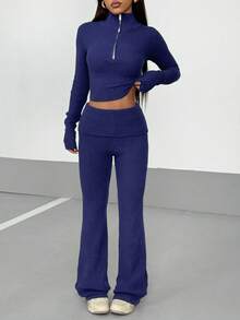 StreetHx 2 件套街头服饰女式纯色拉链修身长袖毛衣套装，秋冬 - 藍色 - 查看 4