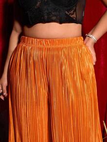 SHEIN PETITE CURVE 大码女装新款高腰宽松直筒休闲阔腿百褶裤，夏季 - 橘色 - 查看 3