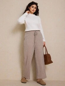 Elaquor Calças femininas casuais plus size com bolso e cordão, outono/inverno - Caqui - Ver 5