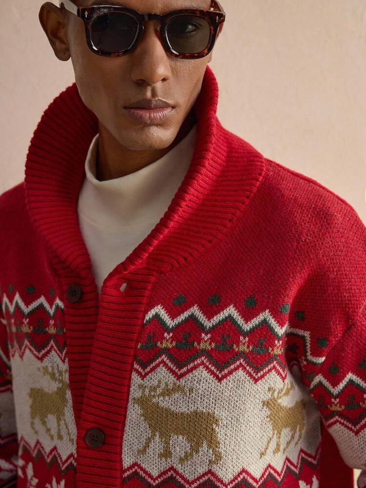 Men's Contrast Color Jacquard Drop Shoulder Long Sleeve Button Front Casual Cardigan, For Fall Winter, Christmas, New Year Glamour