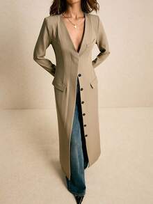 Poéselle Áo khoác nữ dáng dài đơn hàng ngày cổ chữ V màu trơn, cài khuy đơn, mùa thu - Màu Xám nhạt - Xem 2