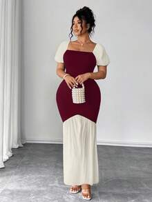 Elenzga Đầm suông đuôi cá tay bồng phối lưới phối màu thanh lịch cho nữ - Màu Đỏ Sâu - Xem 3