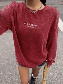 Muchica 女士复古刺绣圆领针织T恤 - 酒紅色 - 查看 5