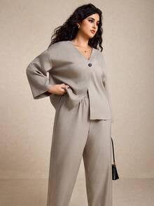 Elaquor مجموعة كاجوال مكونة من قطعتين للمرأة البدينة، بلوزة + بنطلون، لون أحادي، قصة فضفاضة، مناسبة لجميع المواسم