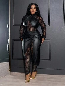 Slaydiva Lễ hội âm nhạc mùa xuân, hè, thu, đông, Lễ Phục sinh, phong cách miền Tây, tiệc sinh nhật kiểu du mục, thường ngày, kỳ nghỉ, du lịch biển, bãi biển, tắm nắng, gây sốt trên mạng, bộ jumpsuit ren xuyên thấu xẻ cao màu đen gợi cảm, chân váy và áo PU xoắn ngoài, bộ 2 món cỡ lớn, váy Halloween cỡ lớn màu đen xuyên thấu, váy giả da Ghostface, váy xuyên thấu cỡ lớn bằng da. - màu đen - Xem 6