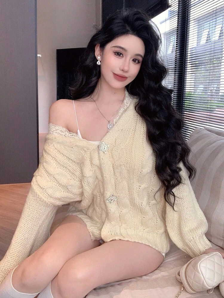 Autumn/Winter Loose Casual Knit Top, Fashion Cable Knit Texture, Elegant Lace Trim V-Neck, Rhinestone Button Decor, Cream Yellow Long Sleeve Cardigan For Wedding & Party