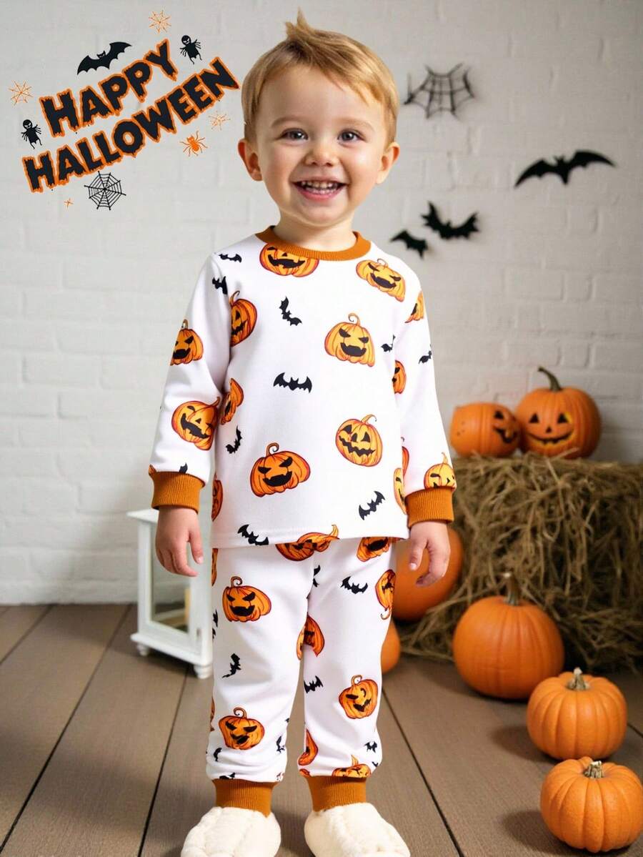 Conjunto de chándal de niño/niña multicolor para otoño/invierno, sudadera con capucha de forro polar grueso con estampado de patrones de Halloween y contraste de colores, y pantalones estampados, adecuado para disfraz de Halloween