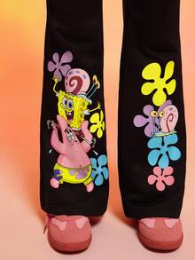SpongeBob SquarePants | SHEIN 女士休闲日常通勤趣味可爱卡通印花拉链抽绳连帽短款运动衫和喇叭裤两件套，春秋 - 黑色 - 查看 7