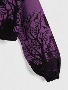 ROMWE Goth 哥特式深色高领保暖乌鸦墓地月亮蝙蝠树枝提花黑色灯笼袖女式毛衣 - Red Plum - 查看 3