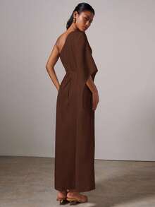 COSMINA 女士优雅金属扣不对称连衣裙 - 棕色 - 查看 2