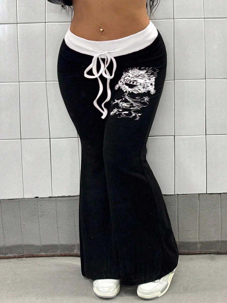 Maweii 大码女装秋冬常规街头风腰部抽绳撞色印花修身喇叭裤，黑白拼接 - 黑色 - 查看 1