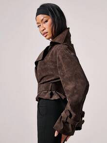 COSMINA Women's Solid Color Minimalist Casual Lace-Up Long Sleeve Jacket ,Brown Jacket Women In Fall/Winter