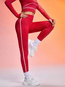 Core Rhythm Women's Seamless Solid Color High Waist Tummy Control Contrast Color Trim Leggings Yoga Pants